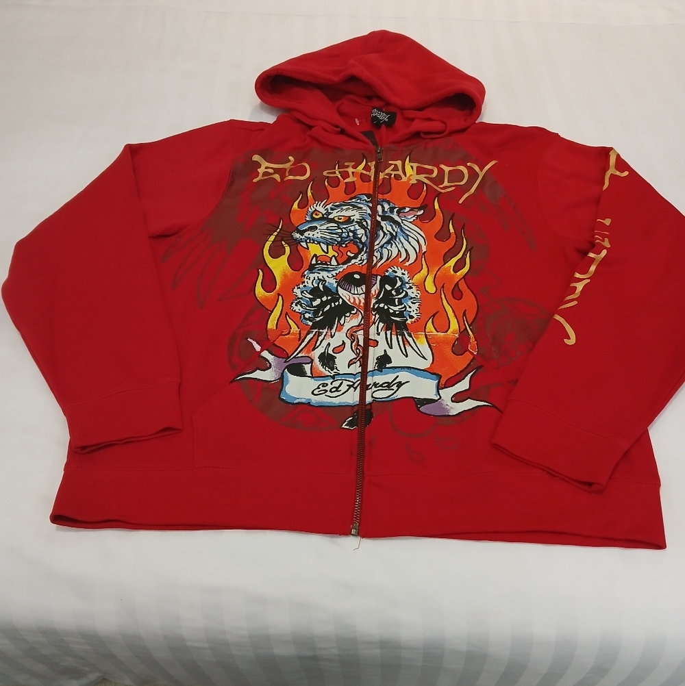Ed Hardy Full Zip "Fire Tiger" Graphic Print Y2K / Grunge Hoodie Men's XL NWT